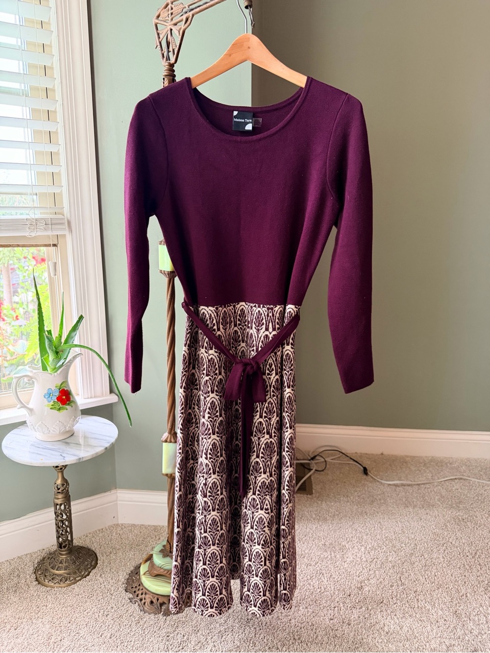 Maison Tara Plum Knit Top with Cream & Plum Patterned Skirt